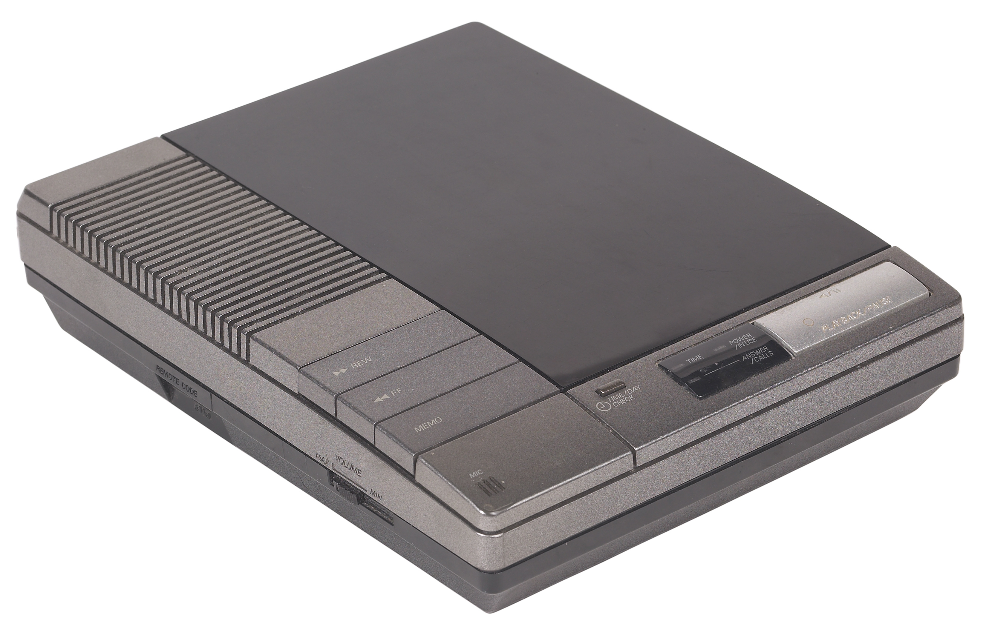 A vintage cassette portion recorder with buttons for play, stop, and record, utilized for audio playback and recording