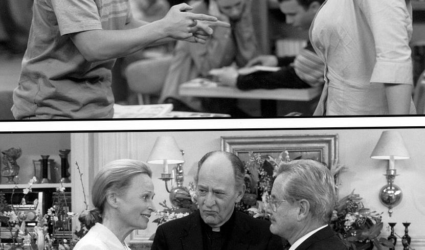  A young man speaks to a woman in a public space; an older couple stands with a priest at a wedding ceremony
