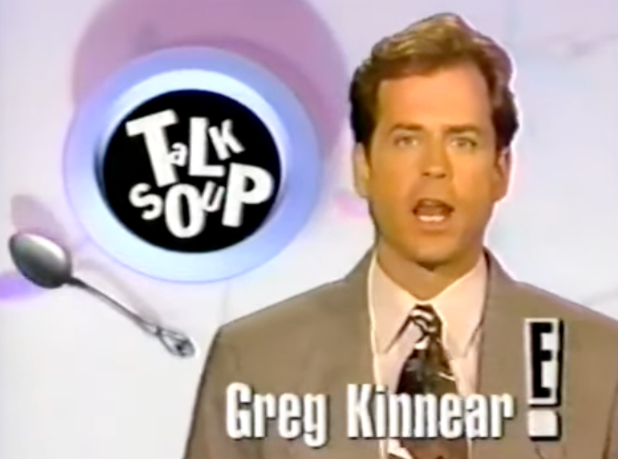 Greg Kinnear hosts "Talk Soup" connected E! channel, lasting successful beforehand of the show's logo, wearing a suit and tie