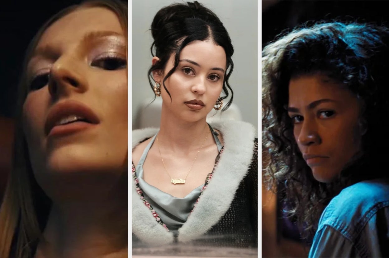 Three actors from a TV show, each in a dramatic scene. The first has a close-up, the second wears a fur-collared top, and the third looks intense