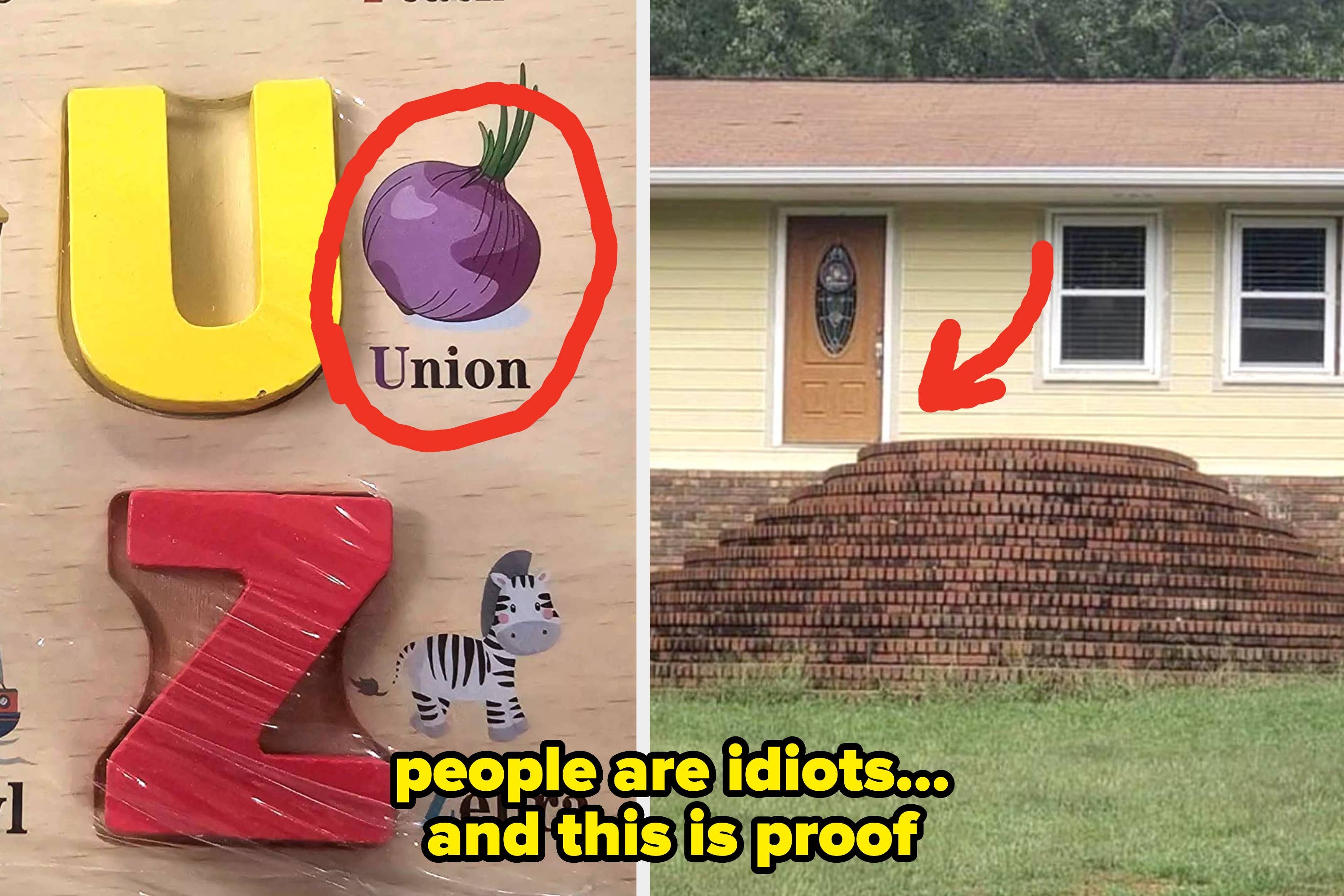 Left: Shampoo bottle with "Sham Poo" label circled. Right: House with stairs shaped like cake layers, red arrow pointing