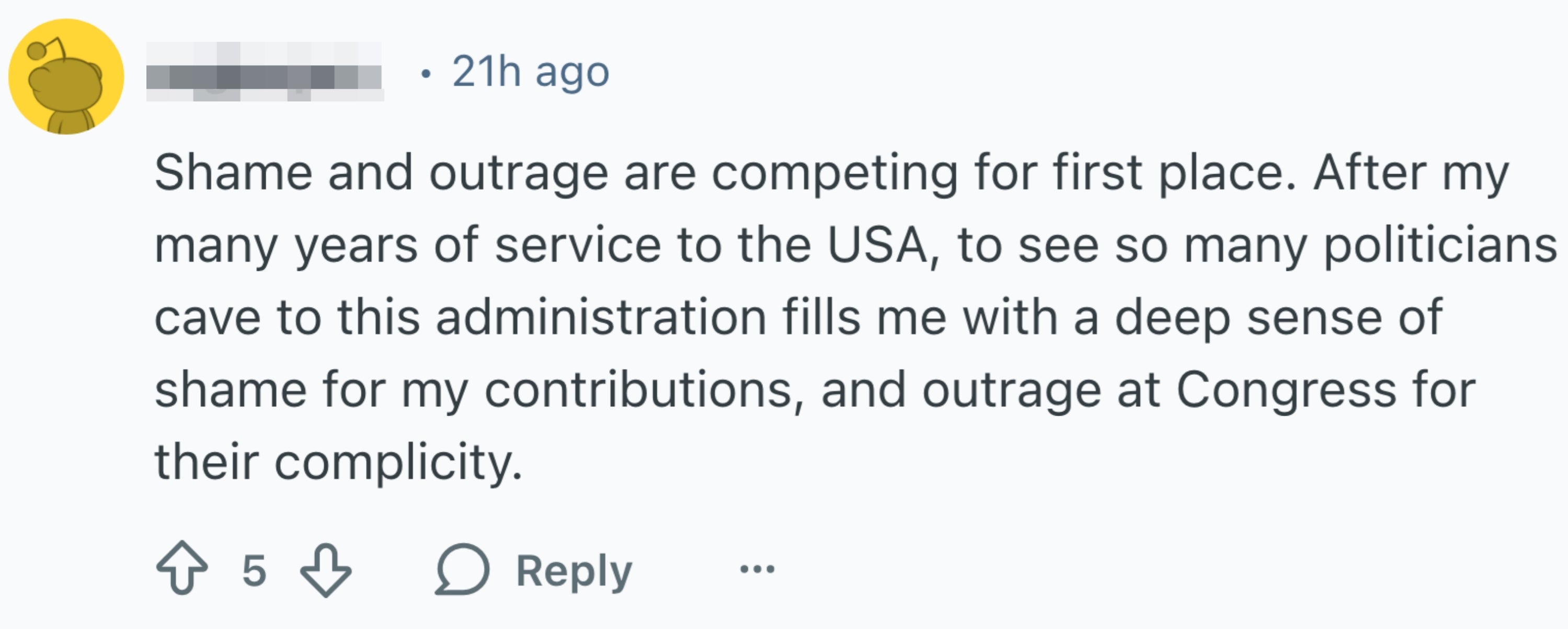 Skam og forargelse er ledende følelser for brukeren på grunn av opplevde politiske fiaskoer, og uttrykker dyp skuffelse med kongressen