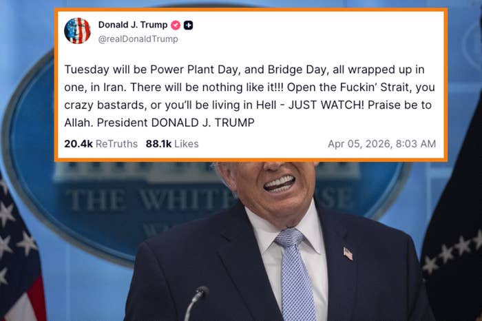 Donald Trump speaking from the White House with a Truth Social station  threatening Iran overlaid connected  apical  of his face