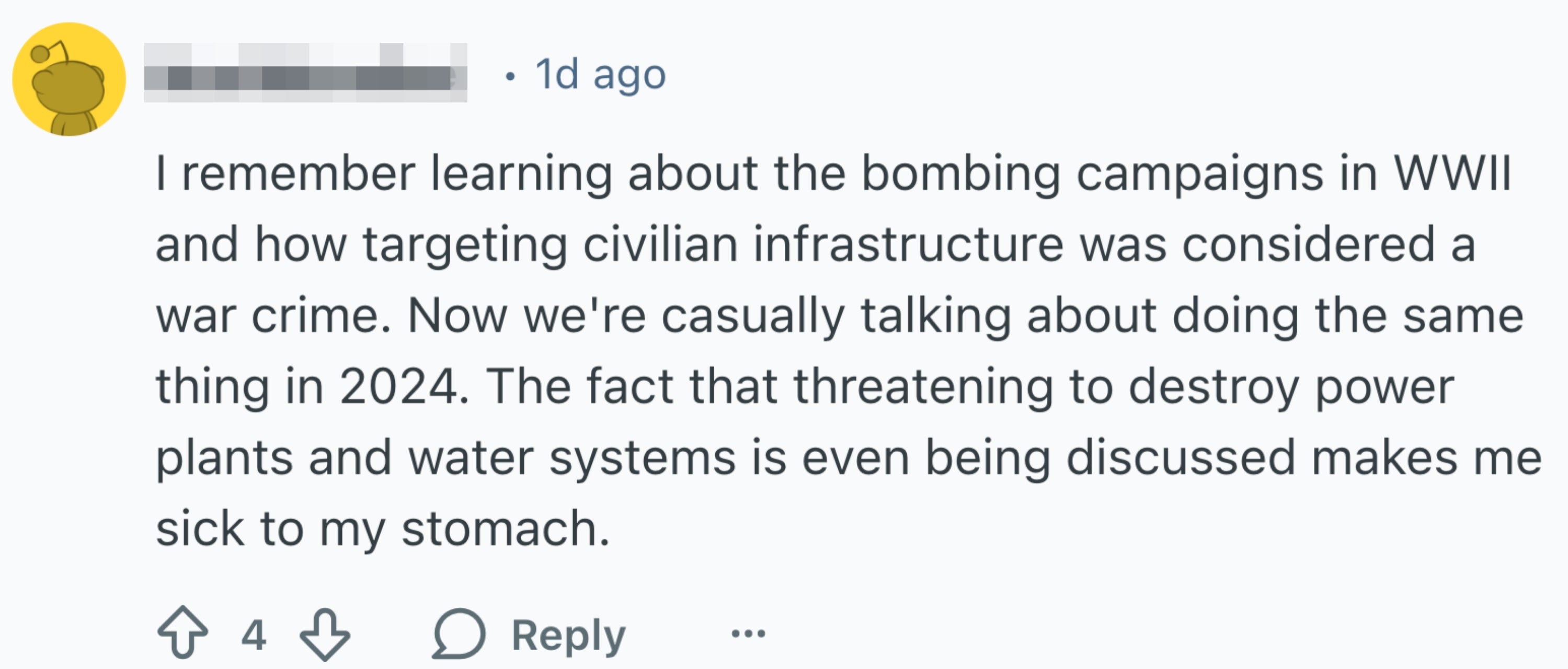 Kommentar som diskuterer bombekampanjer fra andre verdenskrig som krigsforbrytelser og uttrykker bekymring for lignende diskusjoner for 2024