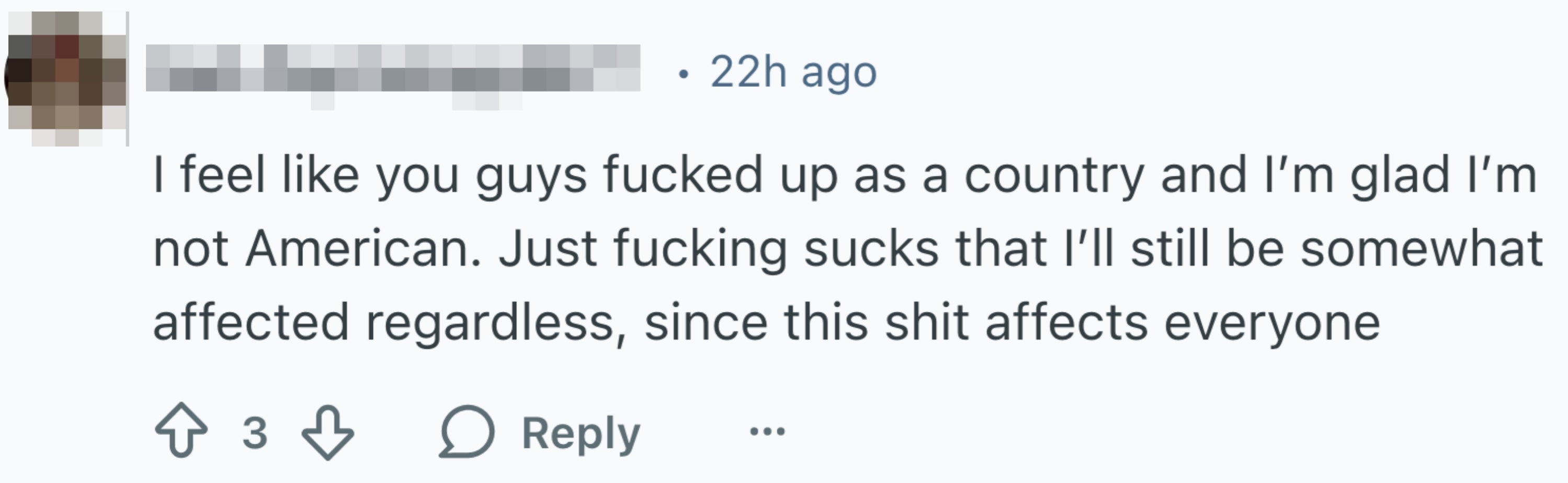 Kommentar som uttrykker kritikk av et lands handlinger, angir lettelse over å ikke være en del av det, men bekymring for omfattende effekter