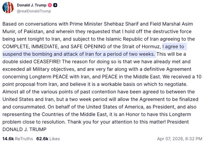 Image of a societal  media station  by Donald J. Trump announcing the suspension of bombing and attacks connected  Iran for 2  weeks, urging bid    efforts