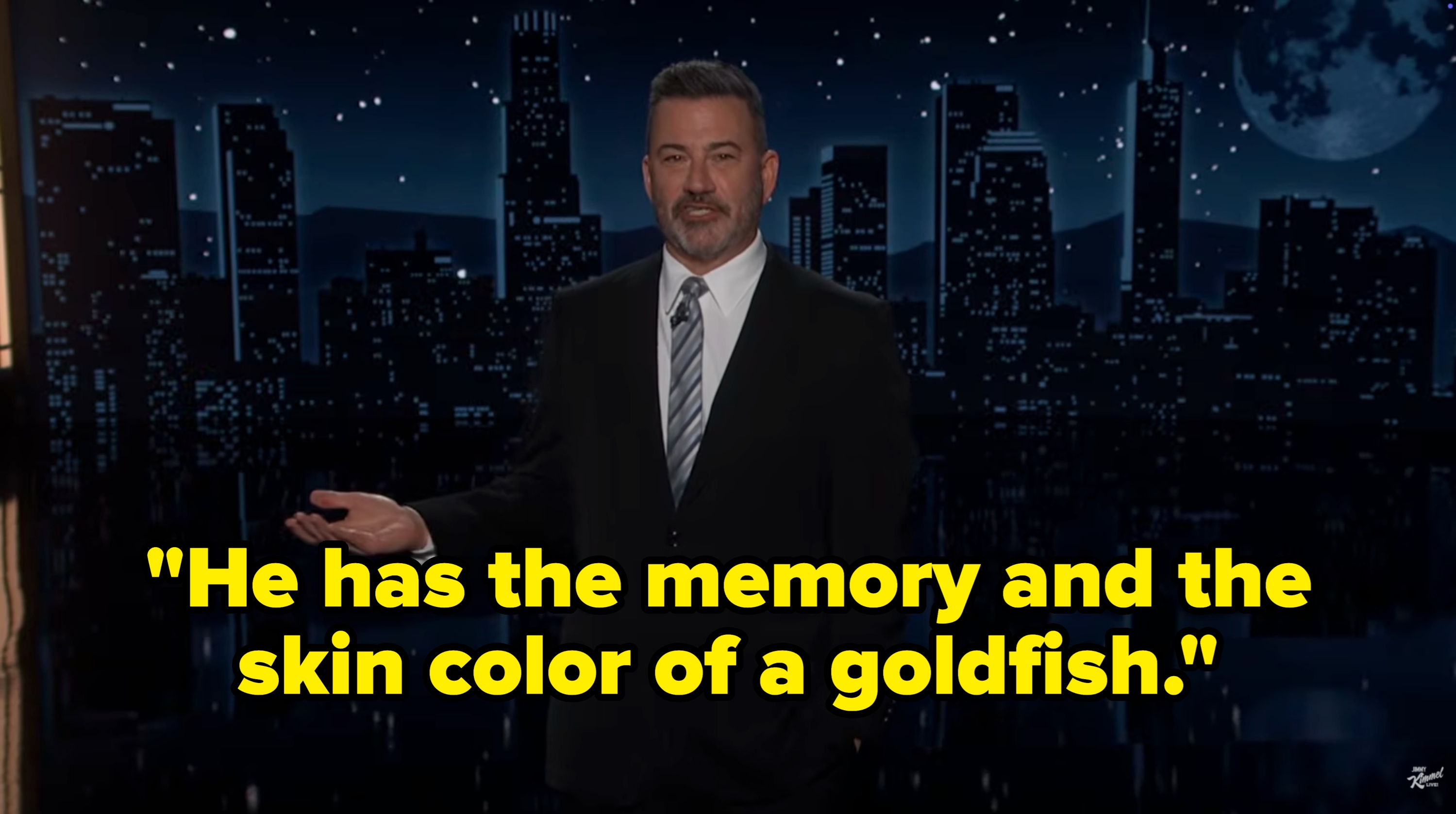 A antheral   successful  a suit   stands connected  a nighttime cityscape set, apt  hosting oregon  delivering a monologue