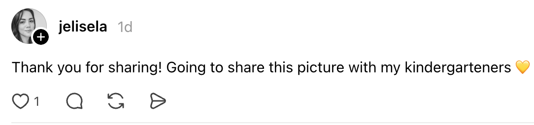 A societal media remark reads, "Thank you for sharing! Going to stock this representation with my kindergarteners," followed by a bosom emoji