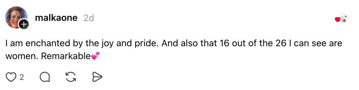 The representation shows a societal media station expressing joyousness and pride, noting that 16 retired of 26 radical seen are women