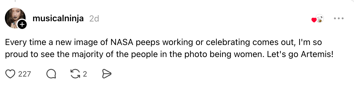 Social media station celebrating NASA photos with galore women, mentioning Artemis program