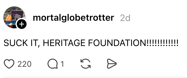 A station by "mortalglobetrotter" reads, "SUCK IT, HERITAGE FOUNDATION!!!!!!!!!!!!" with 220 likes, 1 comment, and stock options