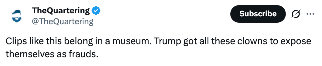 Tweet av TheQuartering: "Klipp som dette hører hjemme i et museum. Trump fikk alle disse klovnene til å avsløre seg selv som bedragere."
