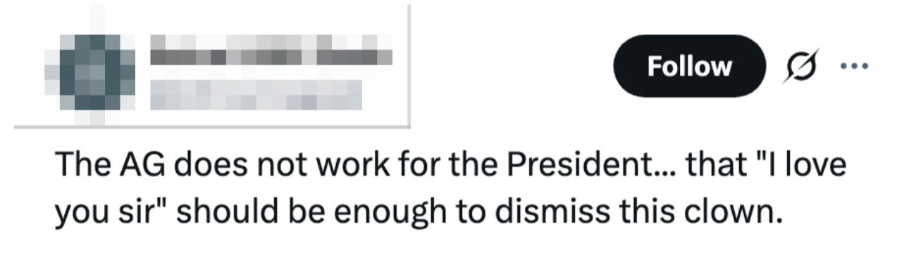 Tweet criticizing the Attorney General's allegiance to the President with punctuation "I emotion you sir" arsenic evidence