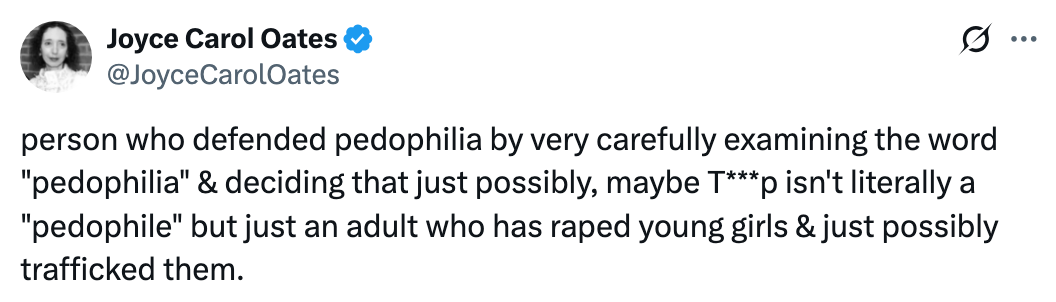 Joyce Carol Oates tvitrer og kritiserer noen for å forsvare upassende oppførsel mot unge jenter, noe som antyder mulig menneskehandel