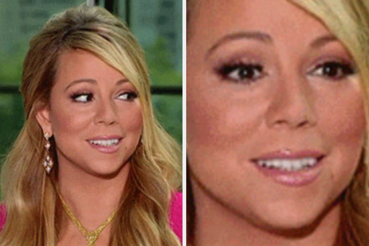 Person with long hair smiling, wearing earrings and a necklace. Image is split, showing a close-up on the right