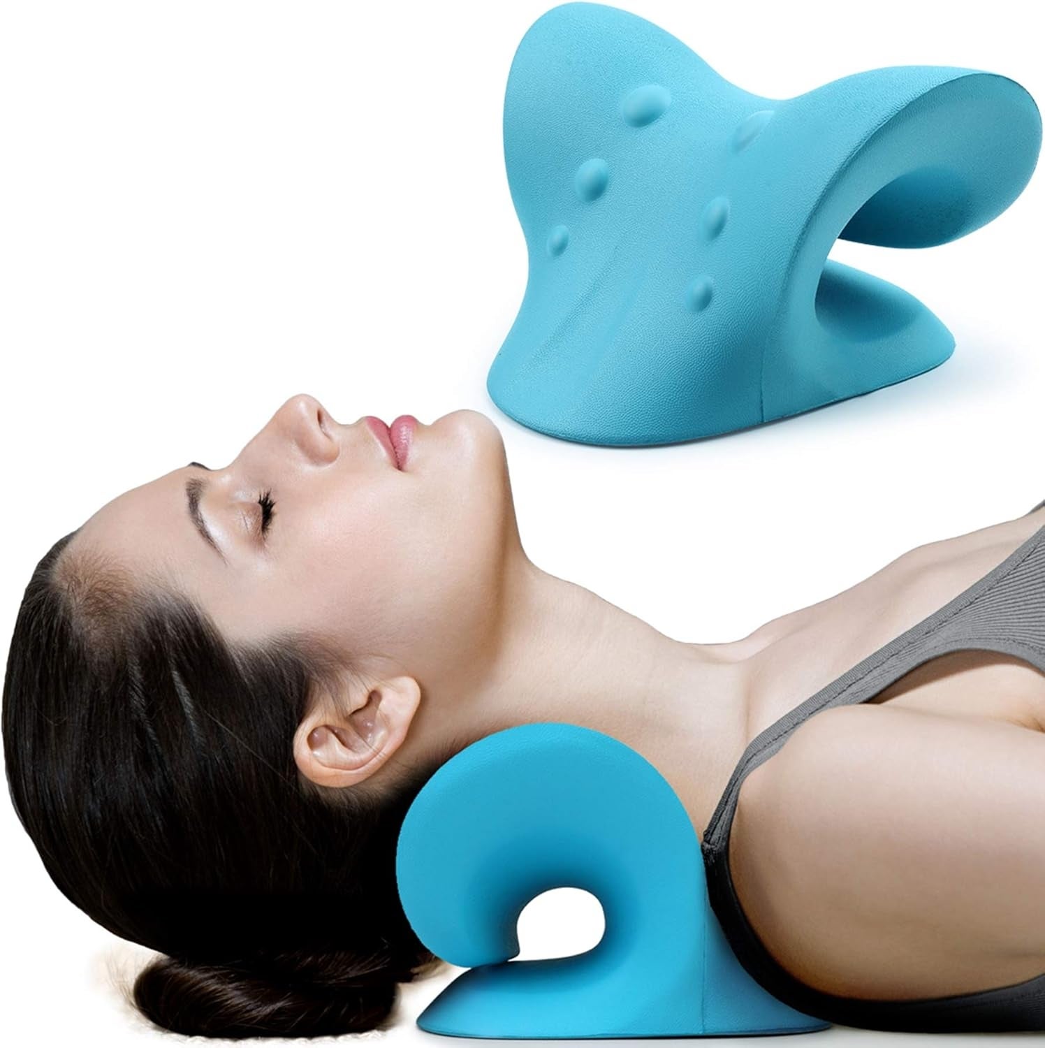 Woman using a neck support pillow for relaxation, product also shown separately. Perfect for comfort and support during rest