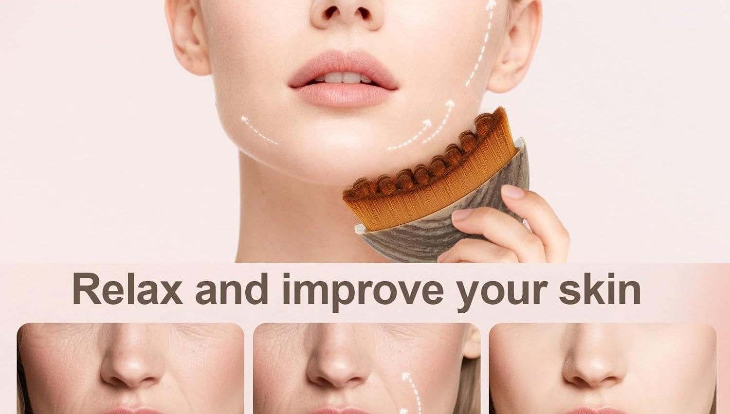 Woman using facial brush with progress photos showing skin improvement at 4, 8, and 12 weeks. Text reads: "Relax and improve your skin."