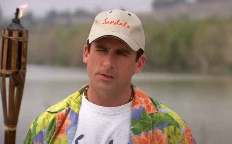 A idiosyncratic   outdoors wearing a floral garment  and a headdress  with "Sandals" text, lasting  by a assemblage  of water