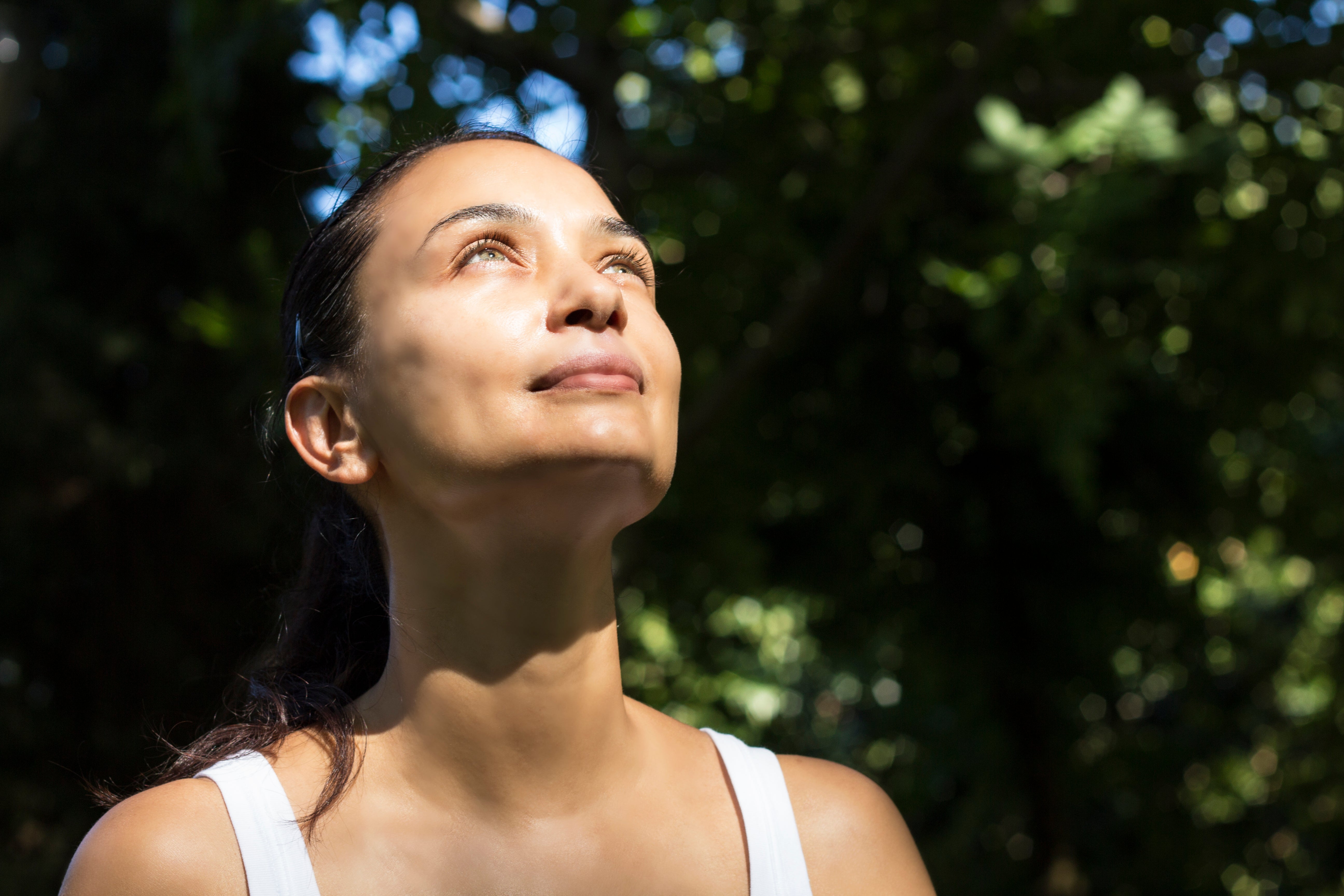 Person peacefully gazing upwards in a sunlit, leafy setting, embodying mindfulness and tranquility