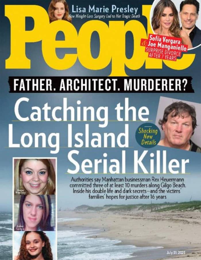 Magazine screen  of "People" featuring stories connected  the Long Island Serial Killer, Sofia Vergara's divorce, and Lisa Marie Presley