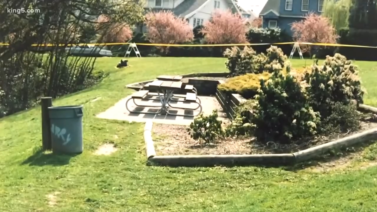 Park country with picnic tables and a plaything set. Police portion cordons disconnected an area, indicating an investigation