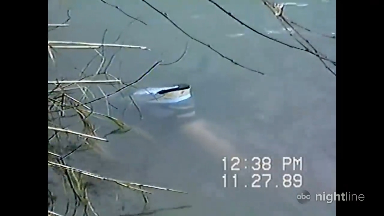 A partially submerged car's trunk is disposable successful a assemblage of water, surrounded by branches; timestamp reads 12:38 PM, 11.27.89