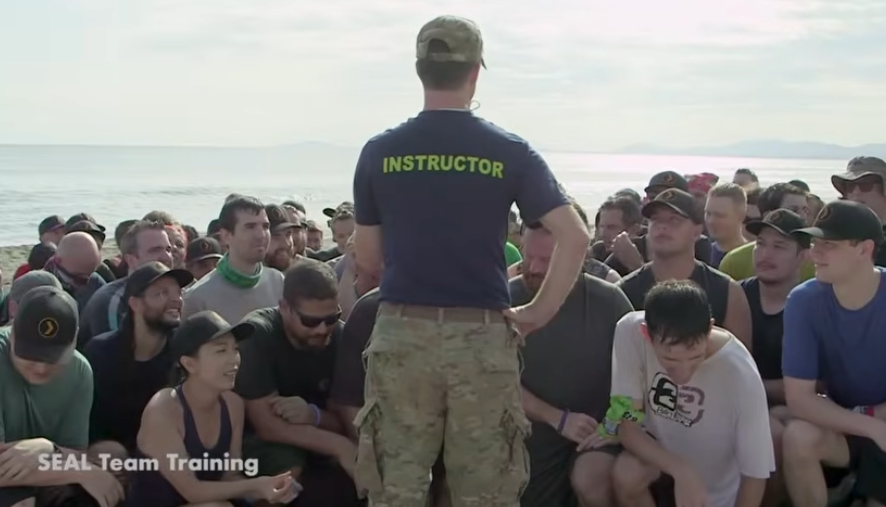 A radical  of radical   perceive  to a SEAL squad  teacher  connected  a beach, suggesting teamwork and grooming  successful  a nonrecreational  improvement  context