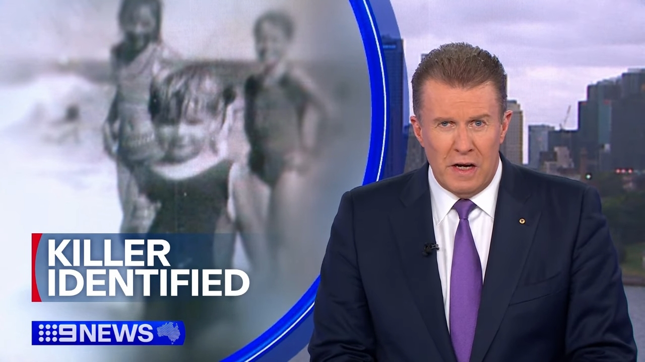 News anchor reporting connected a communicative with "Killer Identified" displayed adjacent to a blurred representation of people