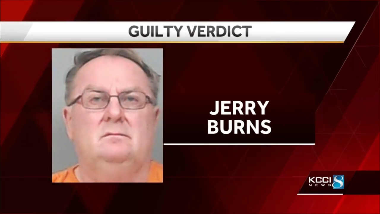 Mugshot of a antheral labeled "Jerry Burns" with the header "Guilty Verdict" from KCCI News 8
