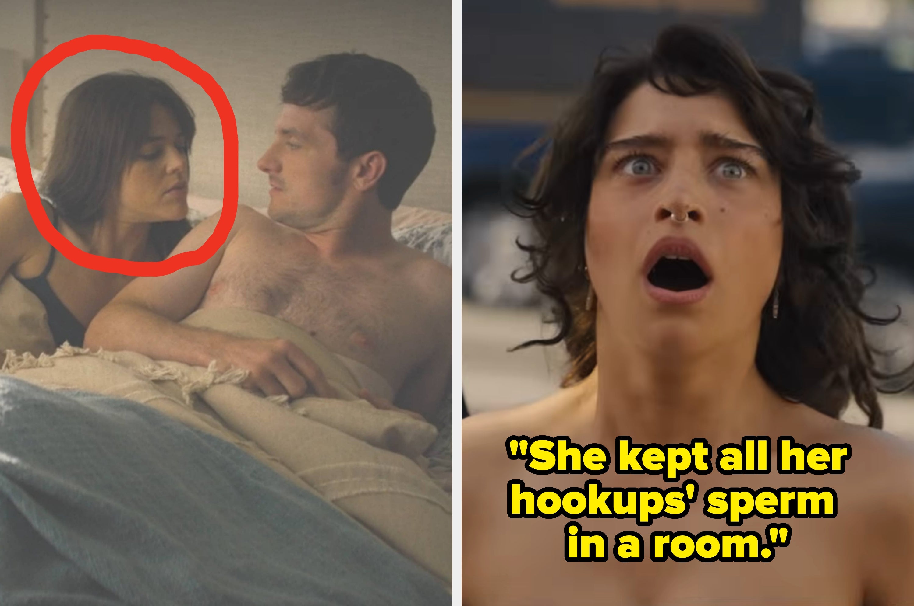Two-panel meme: Left shows a couple in bed, she looks at him suspiciously. Right shows a shocked woman with text, "She kept her hookups' sperm in a room."