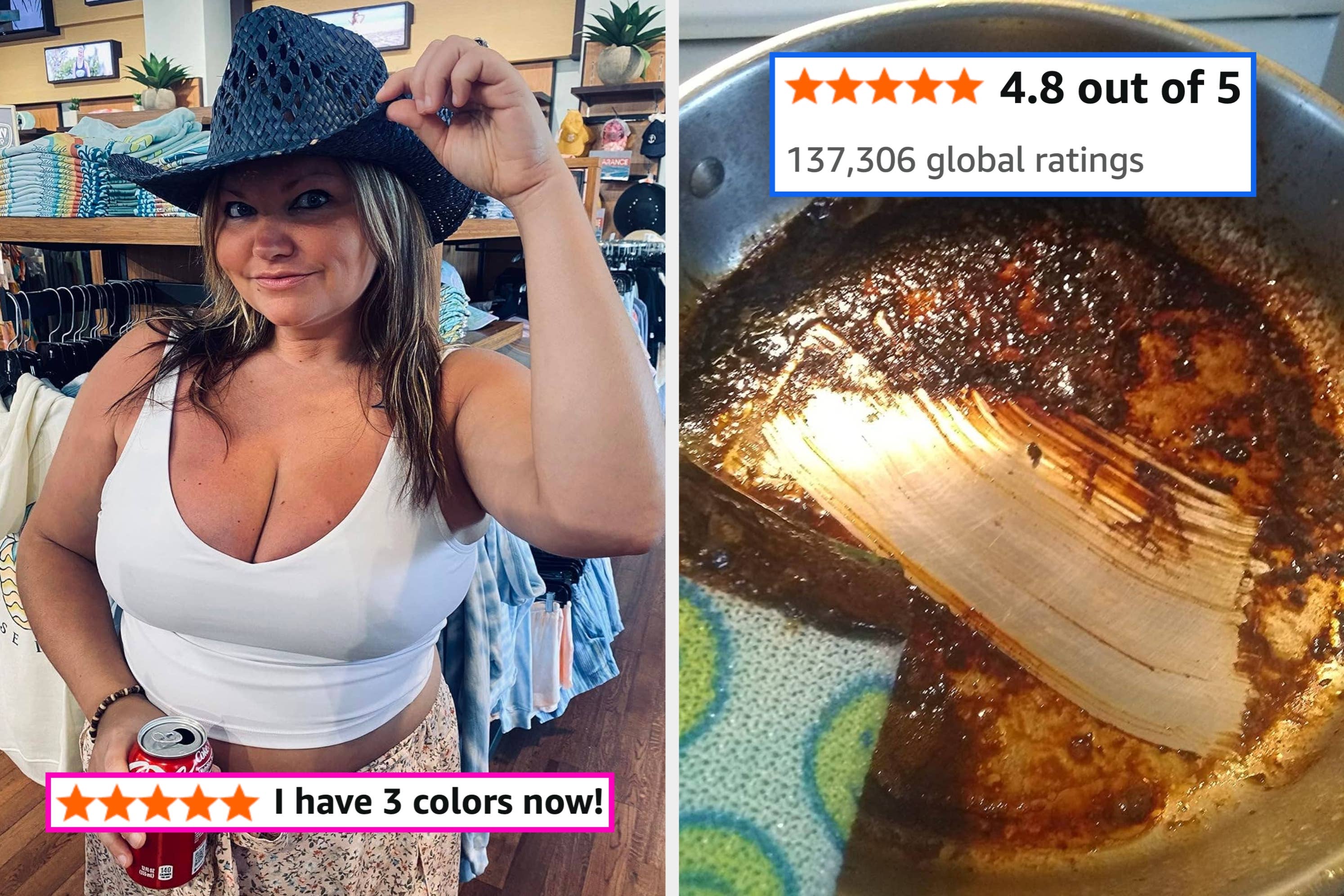 left: reviewer wearing a white tank top and cowboy hat with five star rating "I have 3 colors now!"; right: a pan with caked on gunk and a clean streak next to a sponge with rating 4.8 out of 5 and 137,306 global ratings