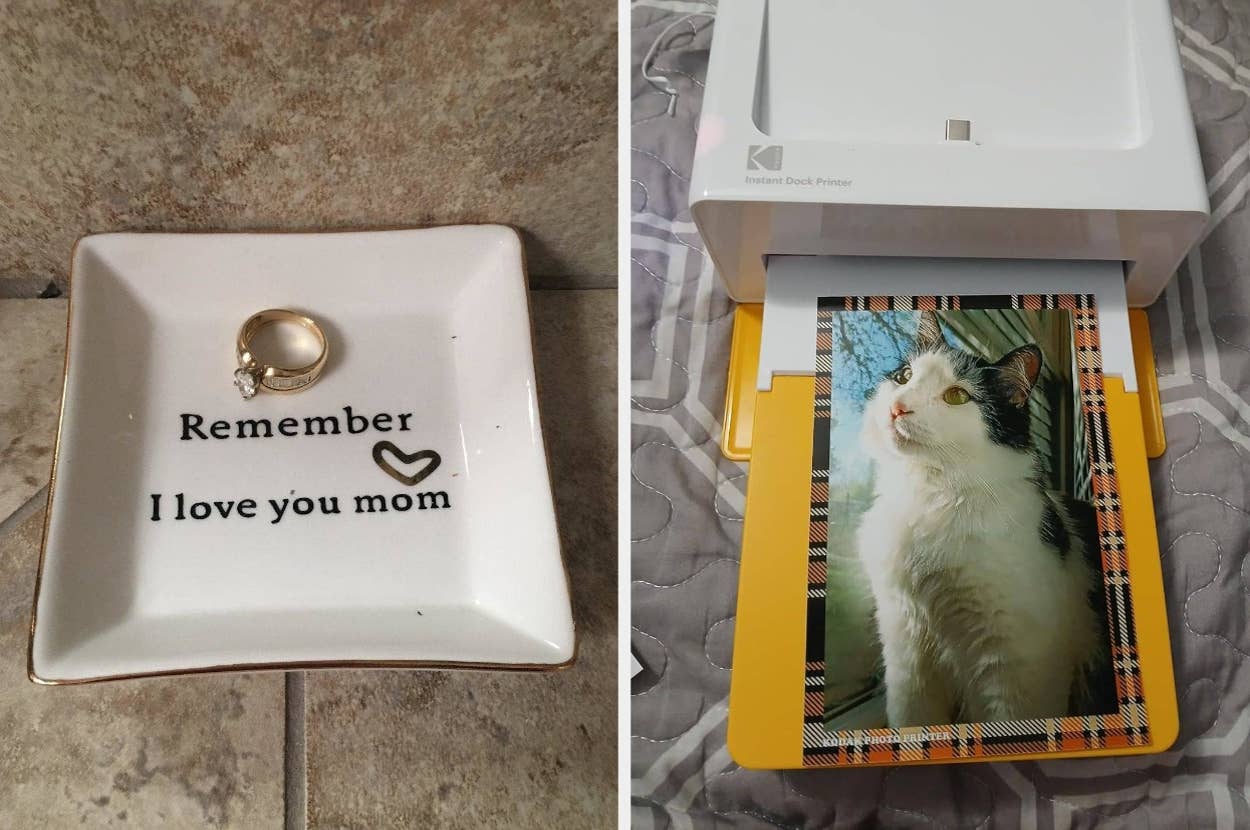 Left: Small dish with "Remember I love you mom" and heart. Right: Photo printer printing cat photo with plaid border
