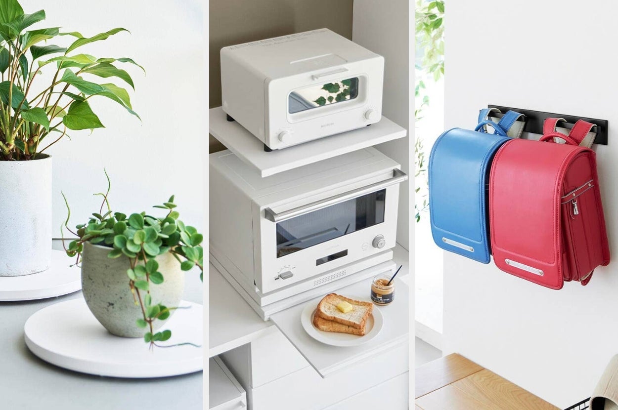 山崎実業のタワーのアイテムが並んでいる。左から、薄型台車 ラウンド S、引き出し付きキッチン家電下ラック 2段、壁付けリュックハンガー 横型の商品画像