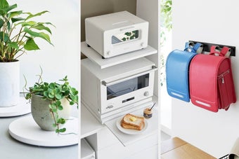 山崎実業のタワーのアイテムが並んでいる。左から、薄型台車 ラウンド S、引き出し付きキッチン家電下ラック 2段、壁付けリュックハンガー 横型の商品画像