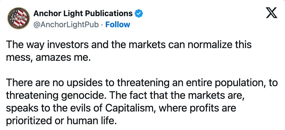 Tweet diskuterer trusler mot befolkninger, kritiserer kapitalismen som prioriterer profitt fremfor menneskeliv