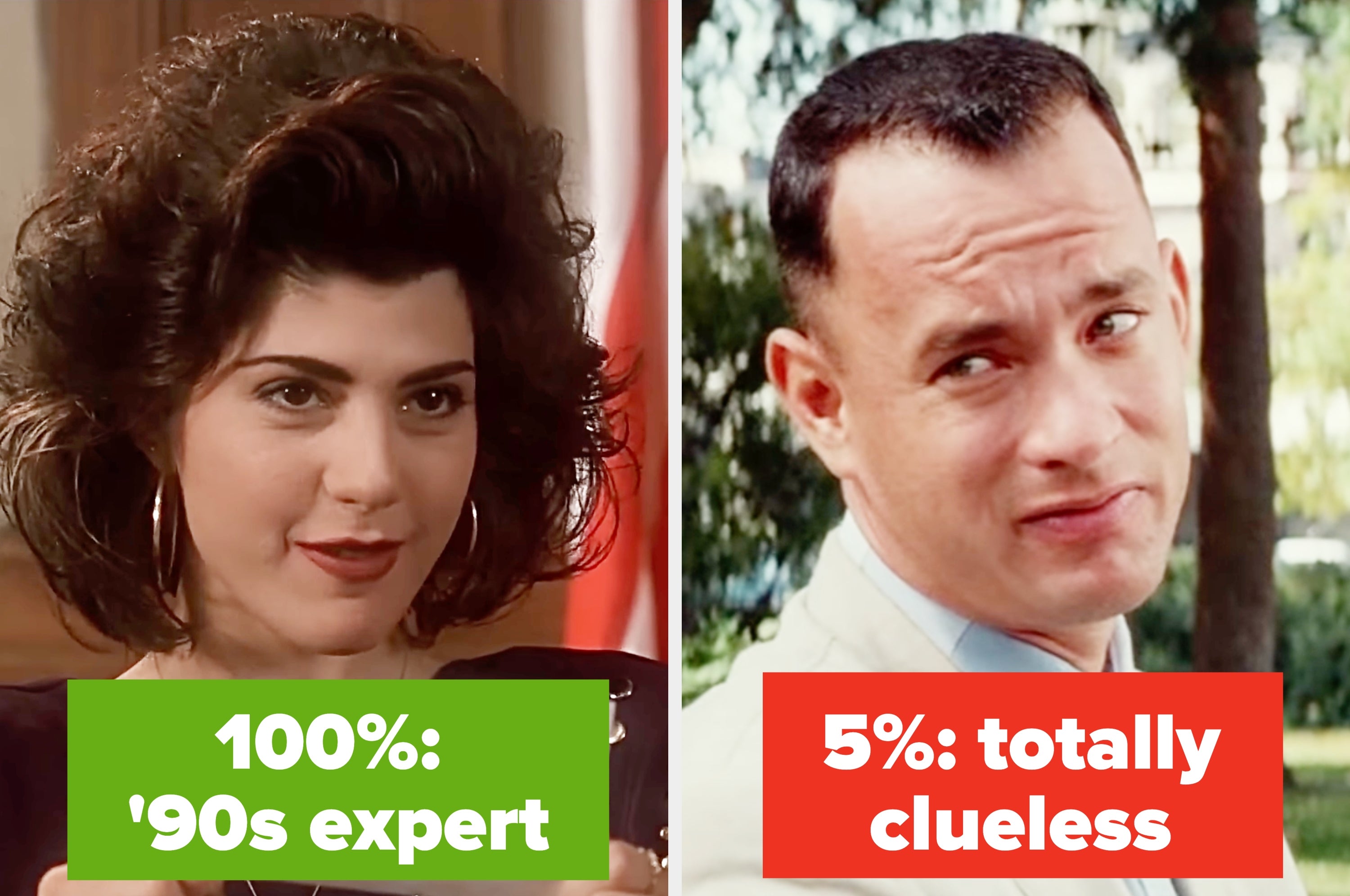 Two stills from '90s films with captions: "100% '90s expert" on the left and "5% totally clueless" on the right