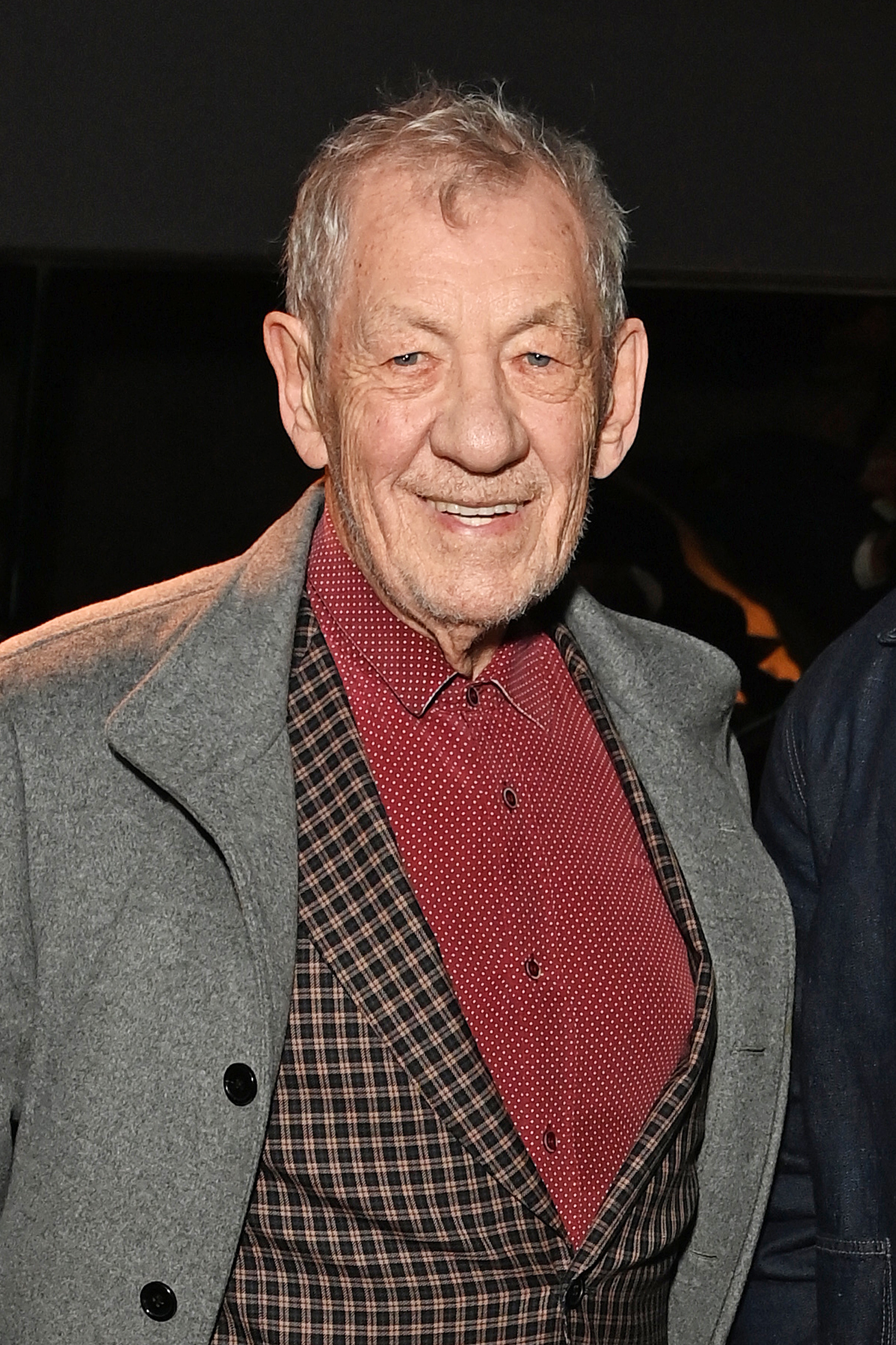 Elderly antheral   successful  a checkered suit, reddish  shirt, and grey overgarment  smiles portion    lasting  indoors