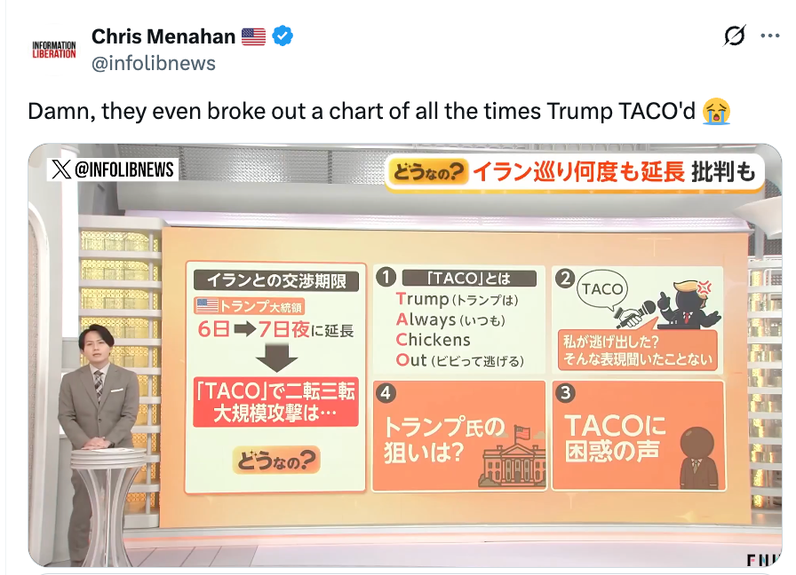 Image of a Japanese TV amusement   displaying a illustration  astir  erstwhile  President Trump's activities related to tacos. Presenter stands beside it