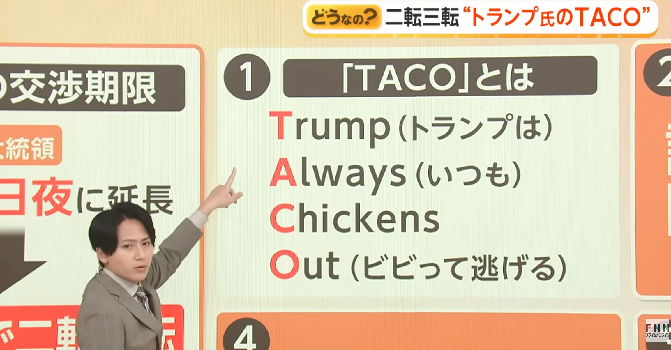 Person pointing astatine  a committee  with an acronym "TACO" explained arsenic  "Trump Always Chickens Out" successful  Japanese and English