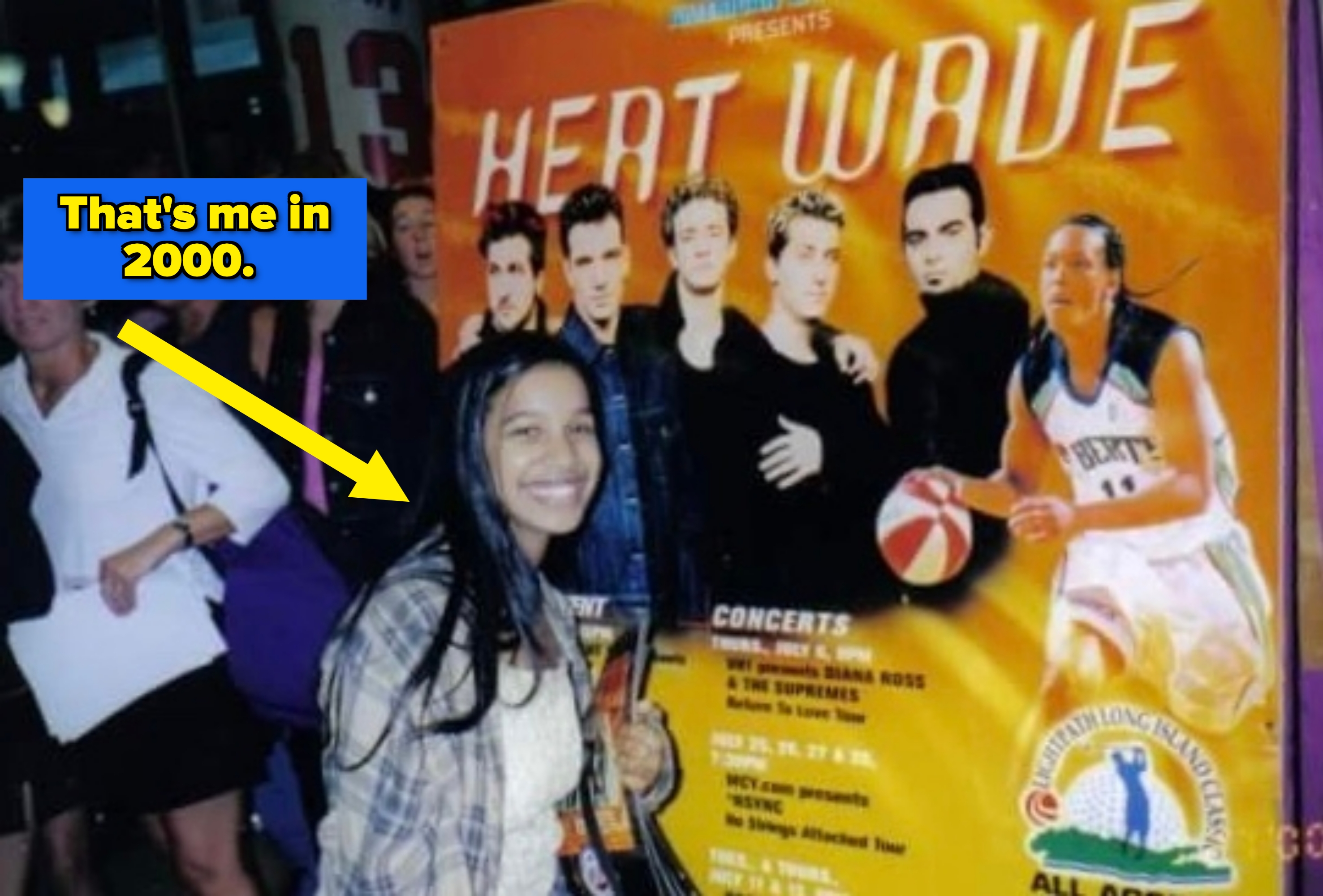 Person smiling successful  beforehand   of a "Heat Wave" performance  poster featuring a hoops  subordinate    and a band