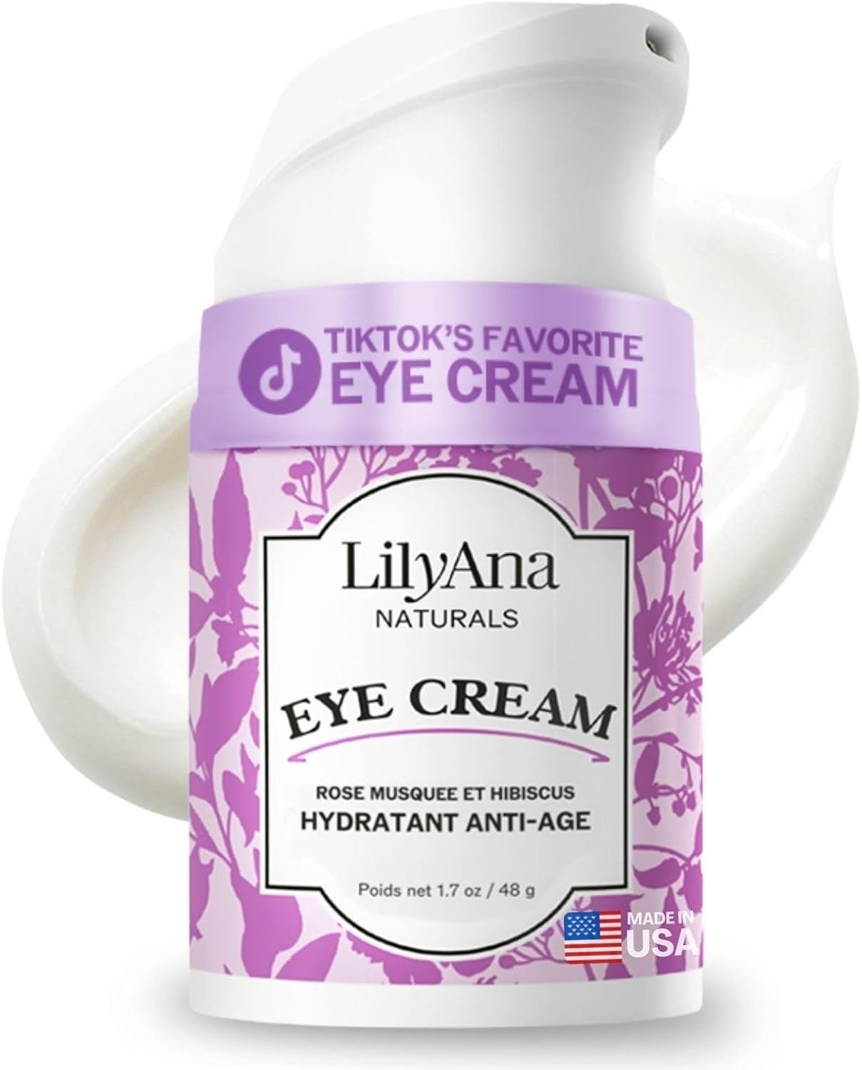 LilyAna Naturals Eye Cream with rose and hibiscus, labeled as "TikTok's favorite." The product is made in the USA and weighs 1.7 oz