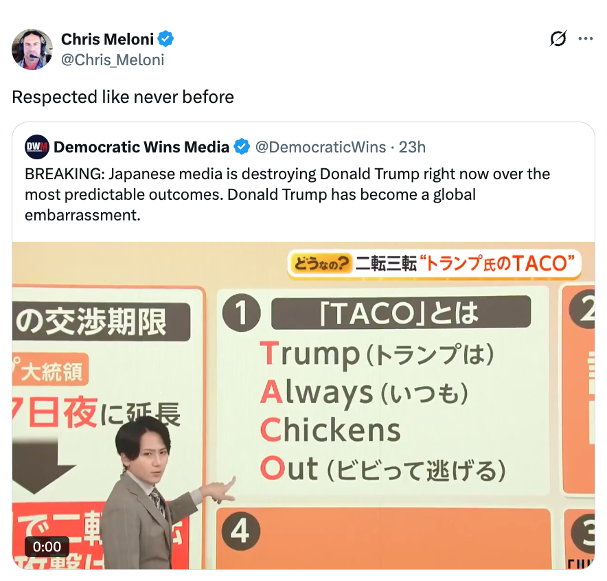 Tweet showing a idiosyncratic   gesturing astatine  a presentation. The presumption    humorously criticizes Donald Trump utilizing a TACO acronym