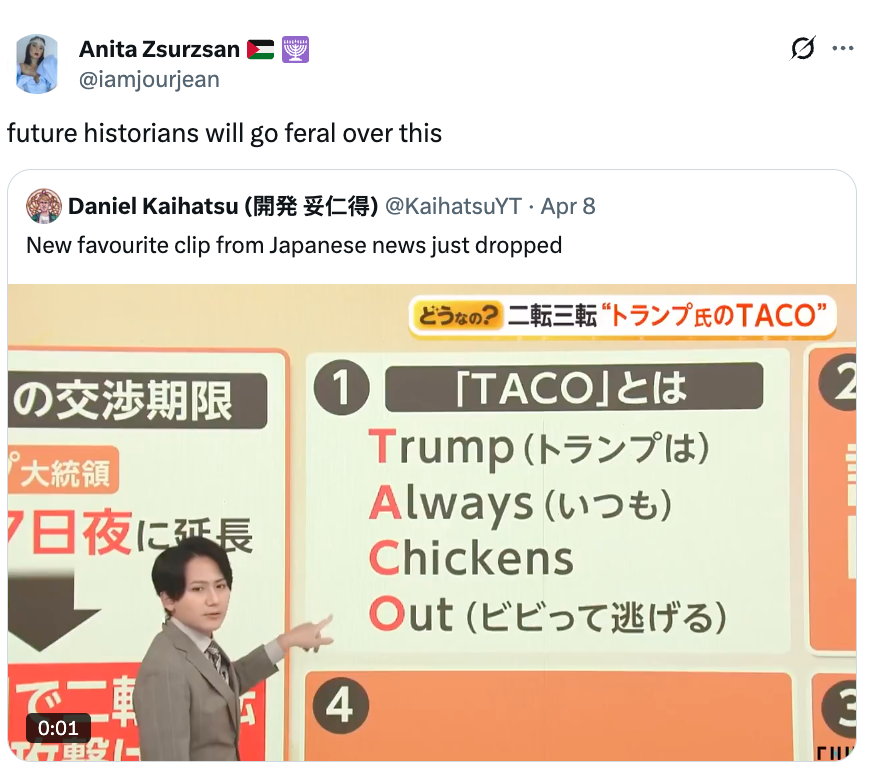 A idiosyncratic   successful  a suit   points astatine  a humorous show  showing "TACO" arsenic  an acronym for "Trump Always Chickens Out" successful  a presumption    slide
