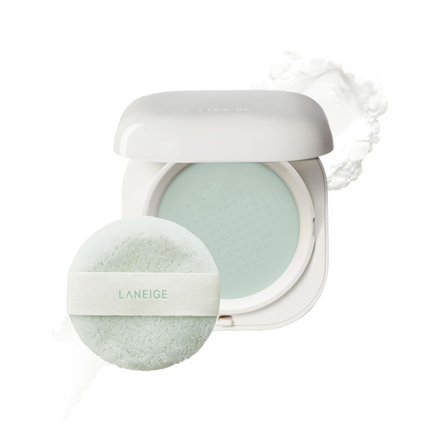 Laneige compact powder with puff resting beside an open case, showing product texture