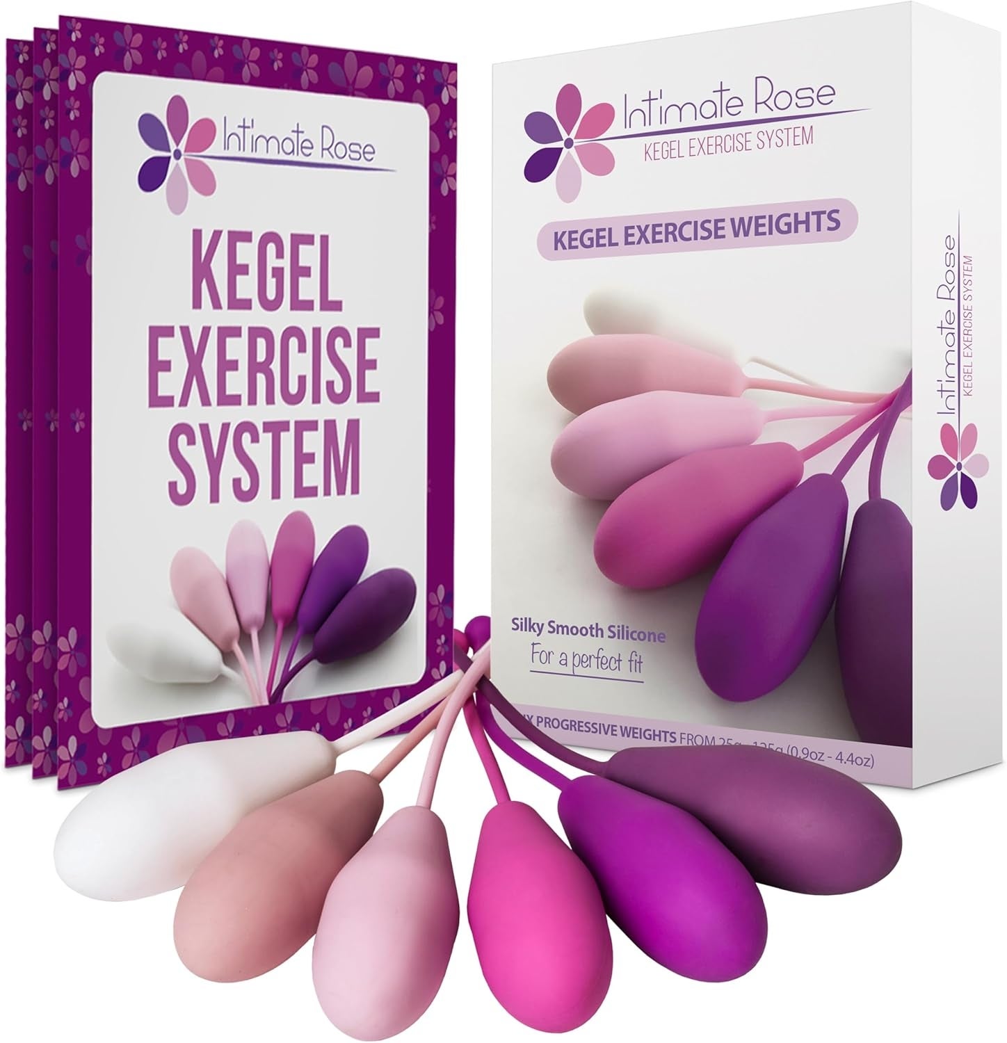 Kegel exercise weights set by Intimate Rose, featuring various sizes designed for strengthening pelvic muscles, shown in product packaging