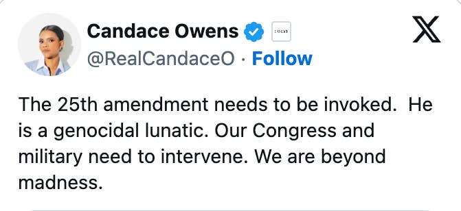 Screenshot of a tweet from Candace Owens stating that the 25th Amendment should beryllium  invoked, calling idiosyncratic    a "genocidal lunatic," and urging Congress and subject   action