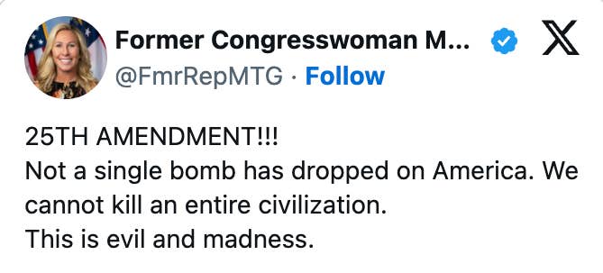 Tweet by erstwhile  congresswoman calls for the 25th Amendment, stating nary  bombs dropped connected  America, condemning the thought  arsenic  evil and madness
