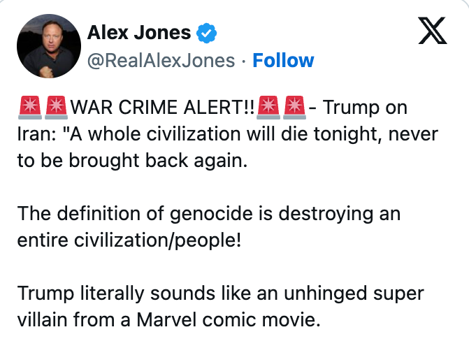 Screenshot of a tweet by Alex Jones discussing Trump connected  Iran, referencing genocide and likening Trump to a Marvel villain