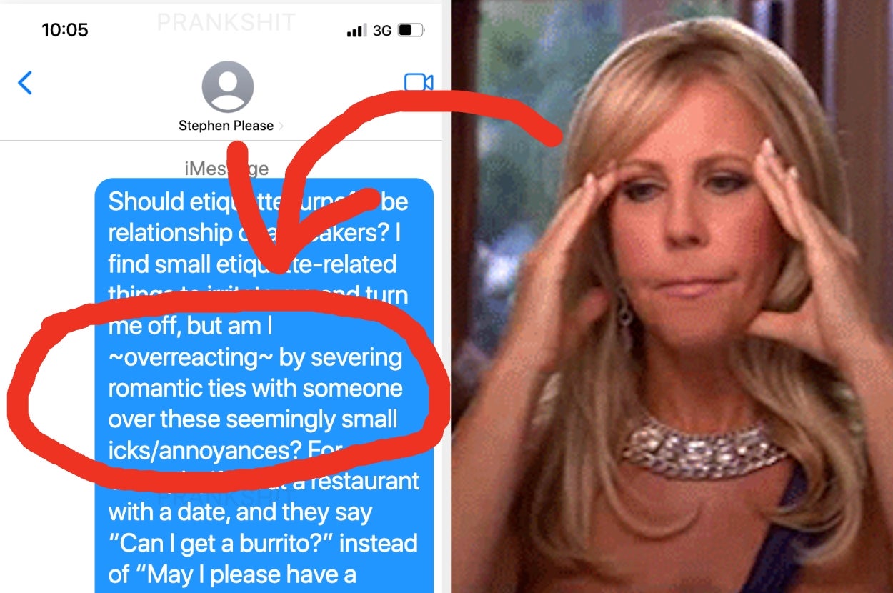 Text message questions handling breakup over minor annoyances. Woman with hands on temples in thought