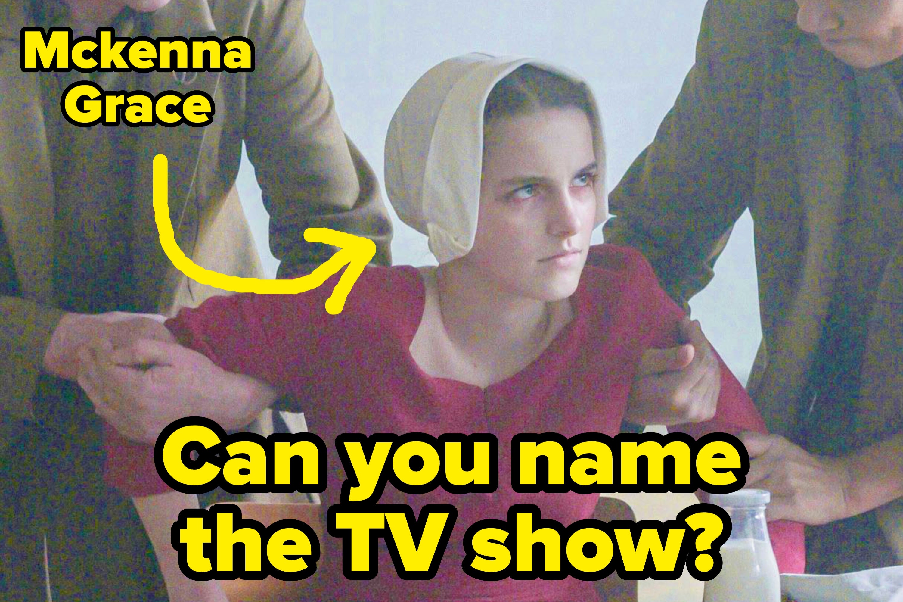 Woman in distinctive bonnet held by two people; text asks if you can name the TV show